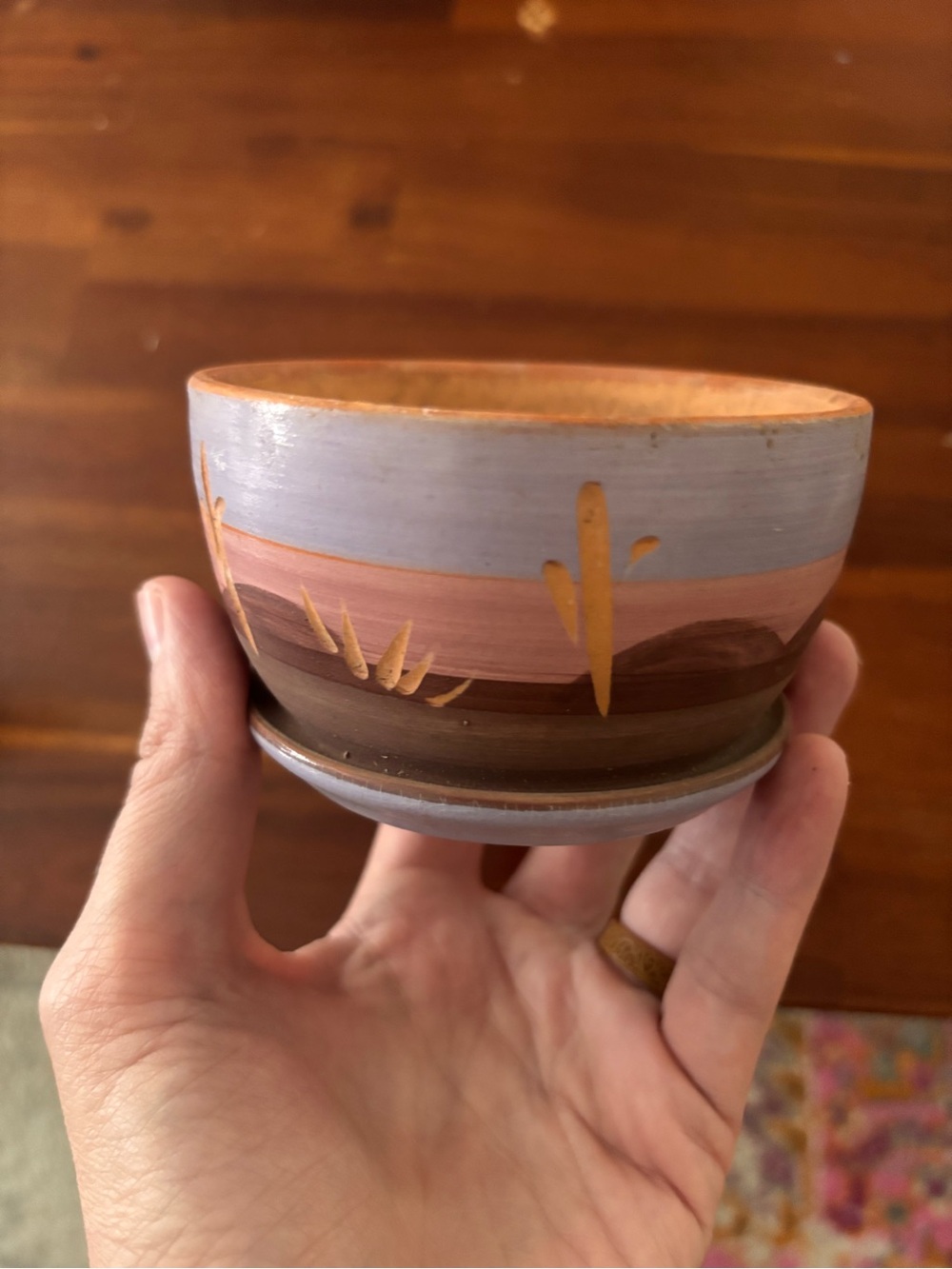 Hand-Painted Ceramic Bowl in Lavender, Terracotta and Gold Accent